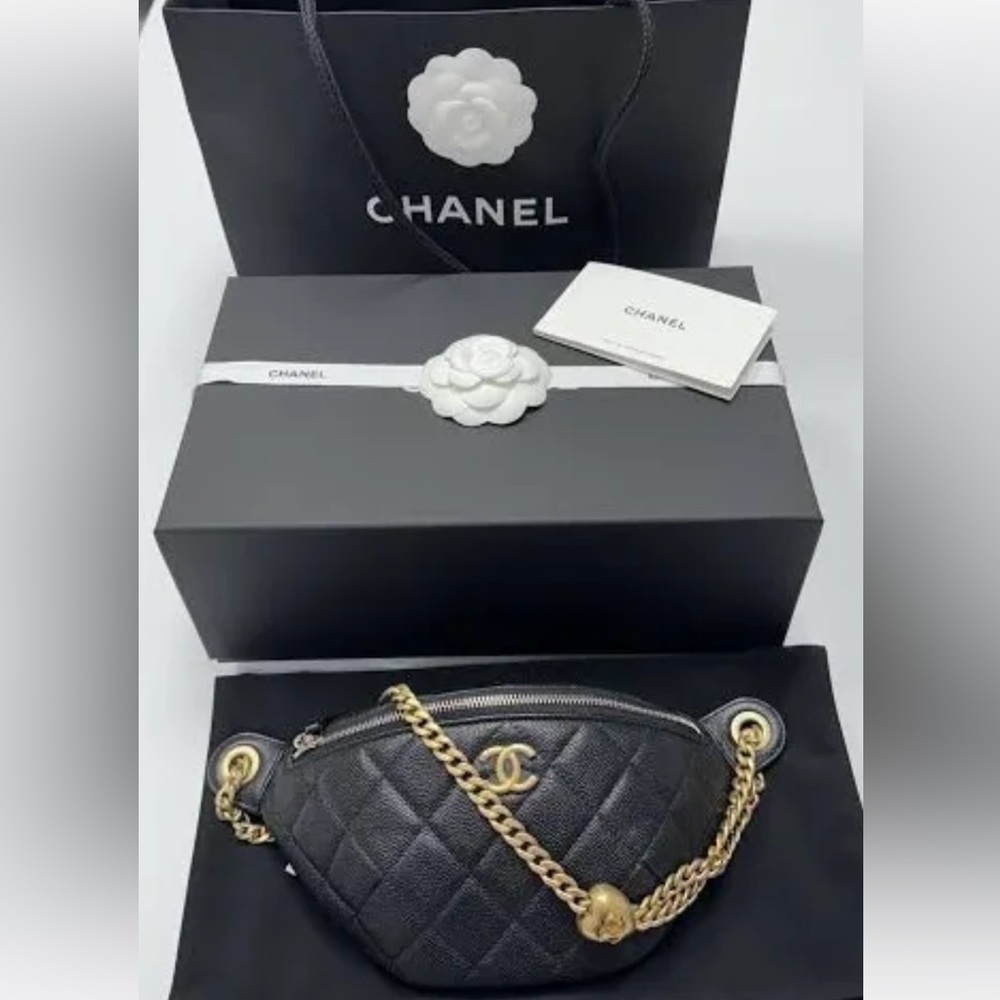 CHANEL Black Quilted Leather Belt Bag with Gold Chain